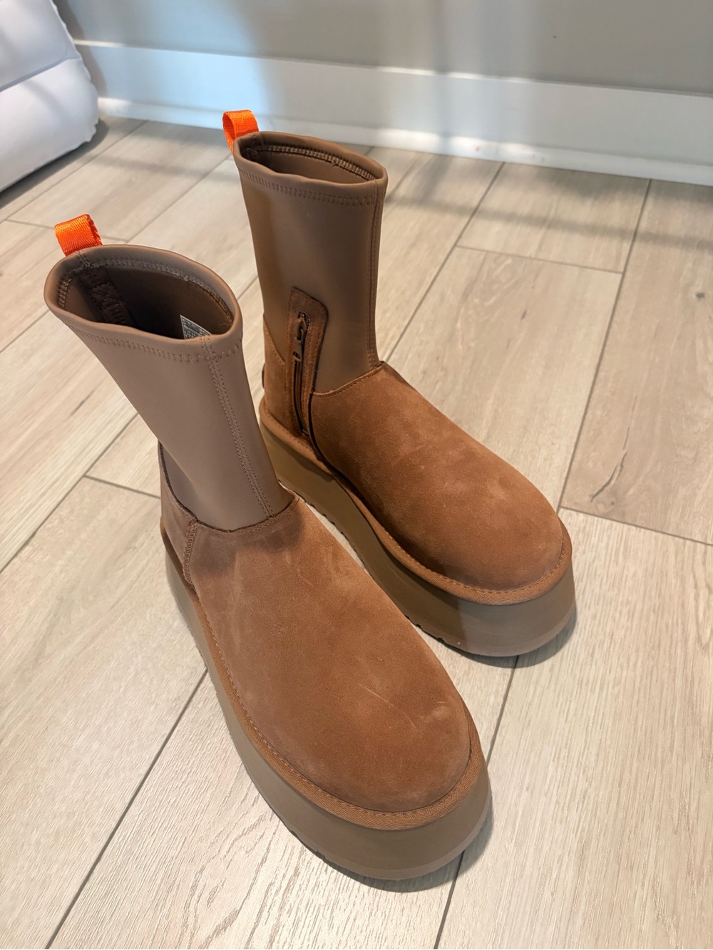 UGG Brown Suede Platform Chelsea Boots with Orange Pull Tabs